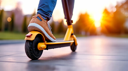 Person riding electric scooter at sunset, city background