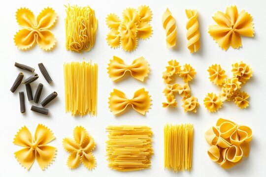 Variety of pasta shapes flat lay on white background for food blogs