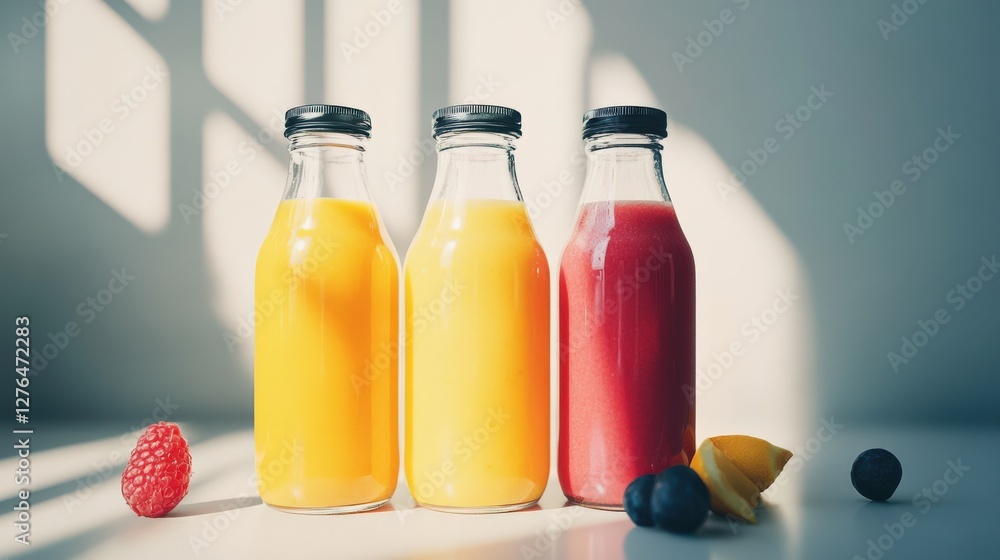 Poster three colorful juice bottles on a table with fresh fruits and soft shadows in the background