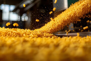 Pasta factory Production line with dry macaroni falling