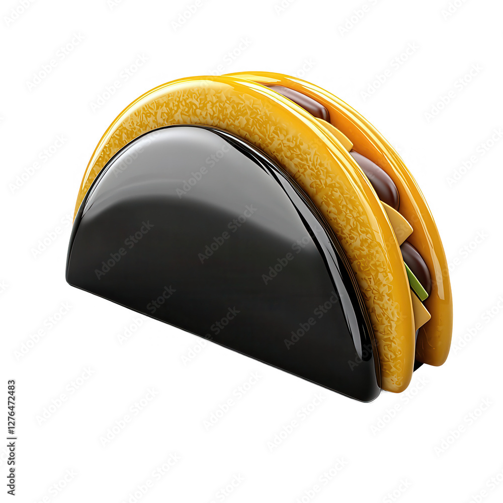 Poster a 3d render of a taco with a shiny black base and colorful toppings, giving it an artistic and moder