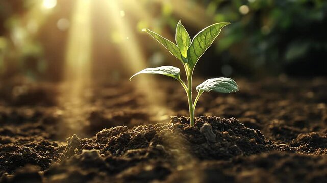 A field of young plants with sunlight shining through the soil. Greenery and earth in a garden. Rays of sunlight sprouting from the leaves of a fig tree. A young plant lifestyle field with sunlight.