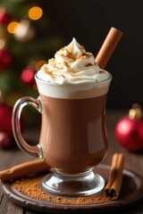 Whipped cream-topped hot chocolate in a glass cup with a cinnamon stick garnish, festive, garnish, creamy