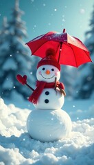 Obraz premium Whimsical snowman with a bright red umbrella in the snowy landscape, bold, joyful
