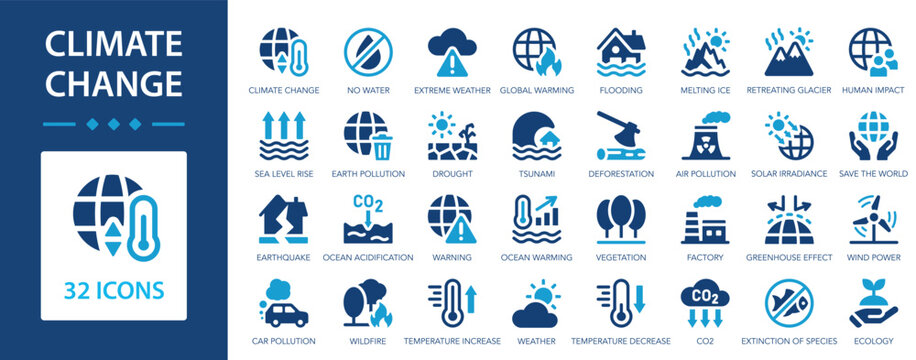 Climate change icon set. Global warming, greenhouse, drought, melting ice, warning, no water.