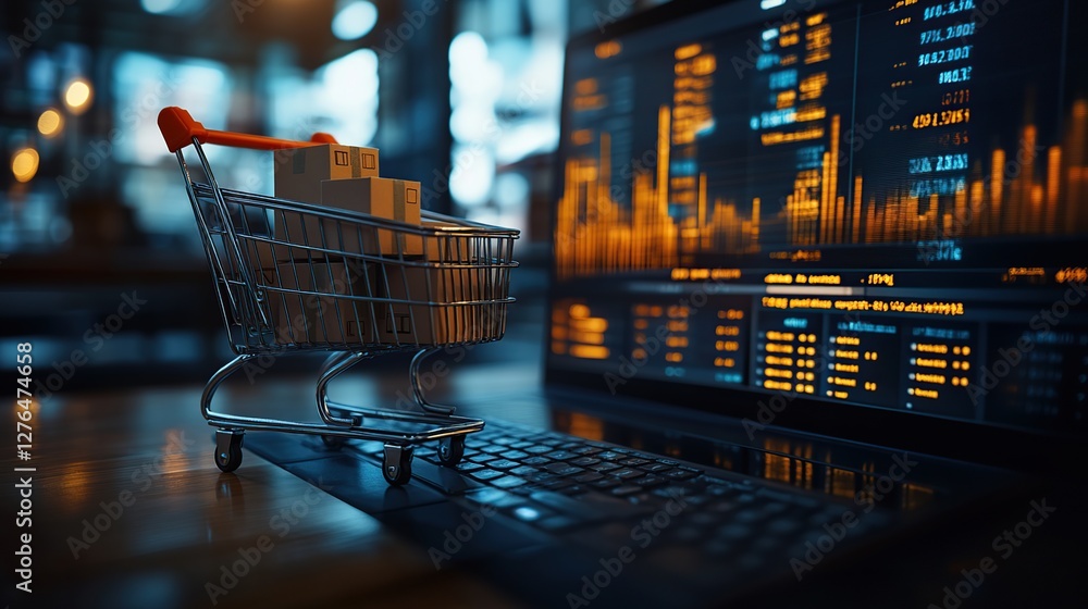 Poster digital shopping experience with a miniature cart and packages on a laptop displaying analytics