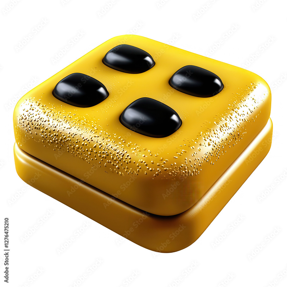 Poster a glossy yellow square box with three smooth black dots on top, designed to appear three-dimensional