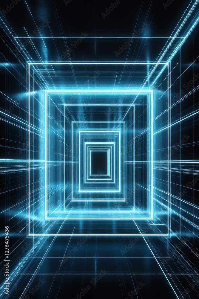 Poster a futuristic digital tunnel illuminated by glowing blue lines, creating a sense of depth and motion,