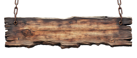 Rustic Hanging Wooden Sign With Weathered Texture And Metal Chains Ideal For Vintage Designs With Blank Template Or Mockup For Banners Or Displays