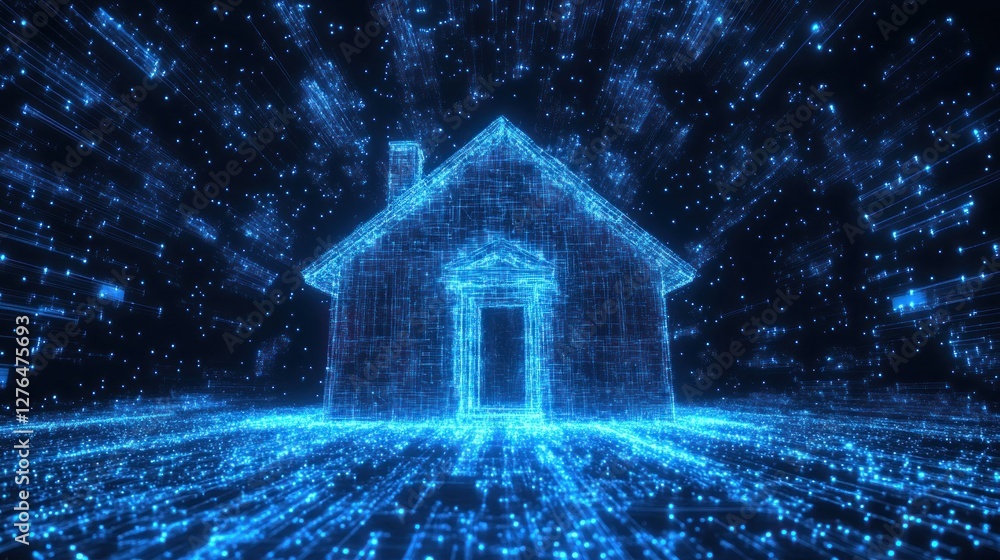 Poster a futuristic digital representation of a house surrounded by a vibrant flow of binary data, symboliz