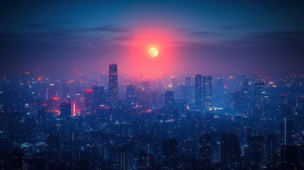 Obraz premium Night city skyline, red moon, aerial view