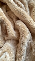 Close up of a luxuriously soft beige faux fur blanket