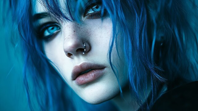 Blue-Haired Girl With Piercing Staring Intently. Beauty Fashion, Dreamy.