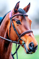 Obraz premium Racehorse portrait, paddock, blurred background, equestrian sport