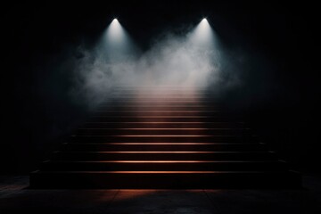 Lit stairs in smoky dark room, mysterious atmosphere, ideal for backgrounds