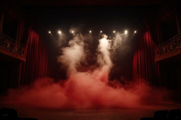 Red theater stage with smoke and spotlights, dramatic scene setting