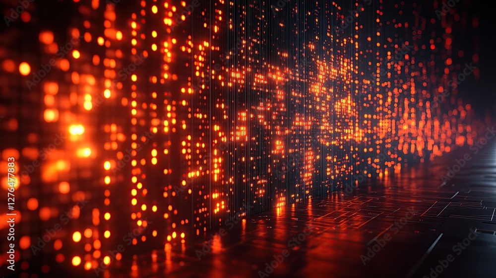 Poster abstract digital background with glowing red particles representing data flow over a keyboard