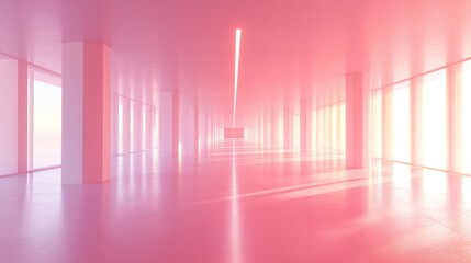 Empty modern office hallway with soft pink light and large windows