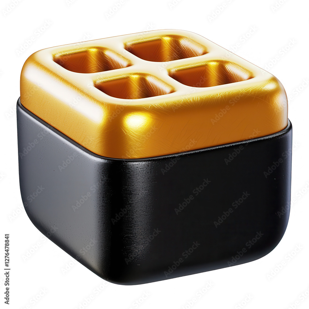 Poster a sleek 3d model of a cube featuring a shiny golden top and a matte black base, ideal for design pro