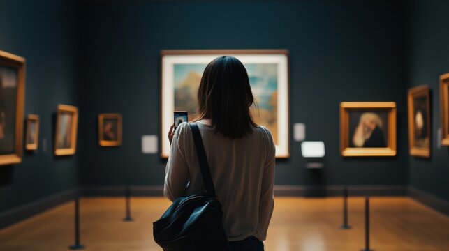 Social media rumors affecting a woman at a museum. Featuring distraction and confusion