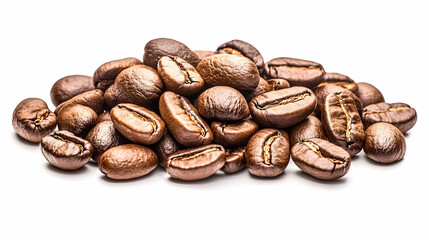 Naklejka premium Roasted coffee beans pile, isolated, white background, food photography, website use