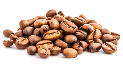 Naklejka premium Roasted coffee beans pile, isolated, white background, food industry use