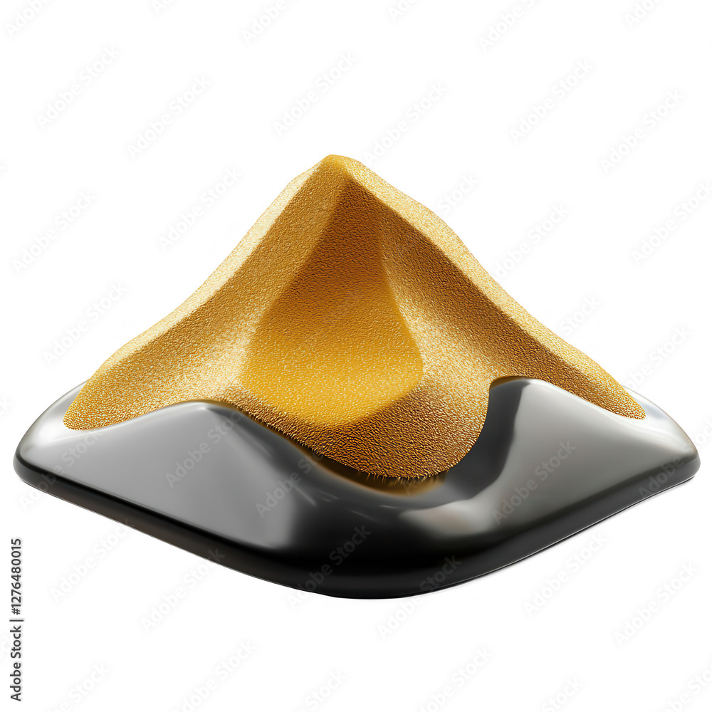 Poster a detailed 3d render showcasing an abstract mountain shape with a smooth black base and a textured y