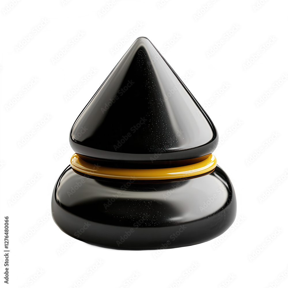 Poster a sleek black object with a conical top and a yellow ring at the base. the design is modern and mini