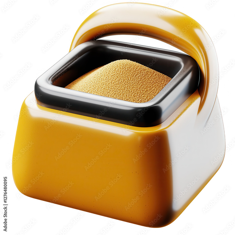 Poster a modern design of a condiment container in yellow and black with a smooth finish, displaying a fine