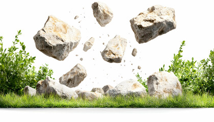 Rocks falling on grass, nature background, environmental disaster concept, website banner