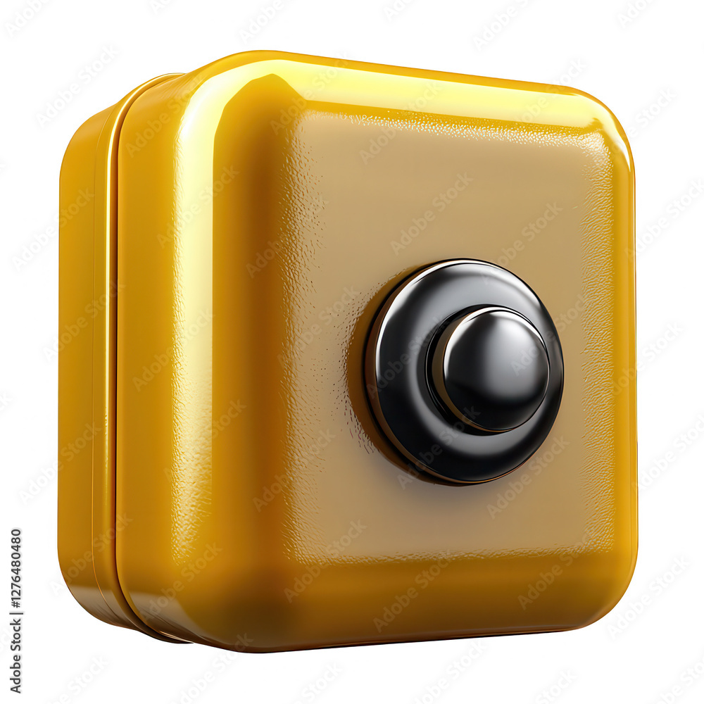 Poster a 3d render of a yellow square button with a black circular button in the center, showcasing a gloss