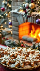 Fototapeta premium Snowflake cookies on a festive platter near a cozy fireplace, with twinkling lights and ornaments, winter wonderland, ornaments