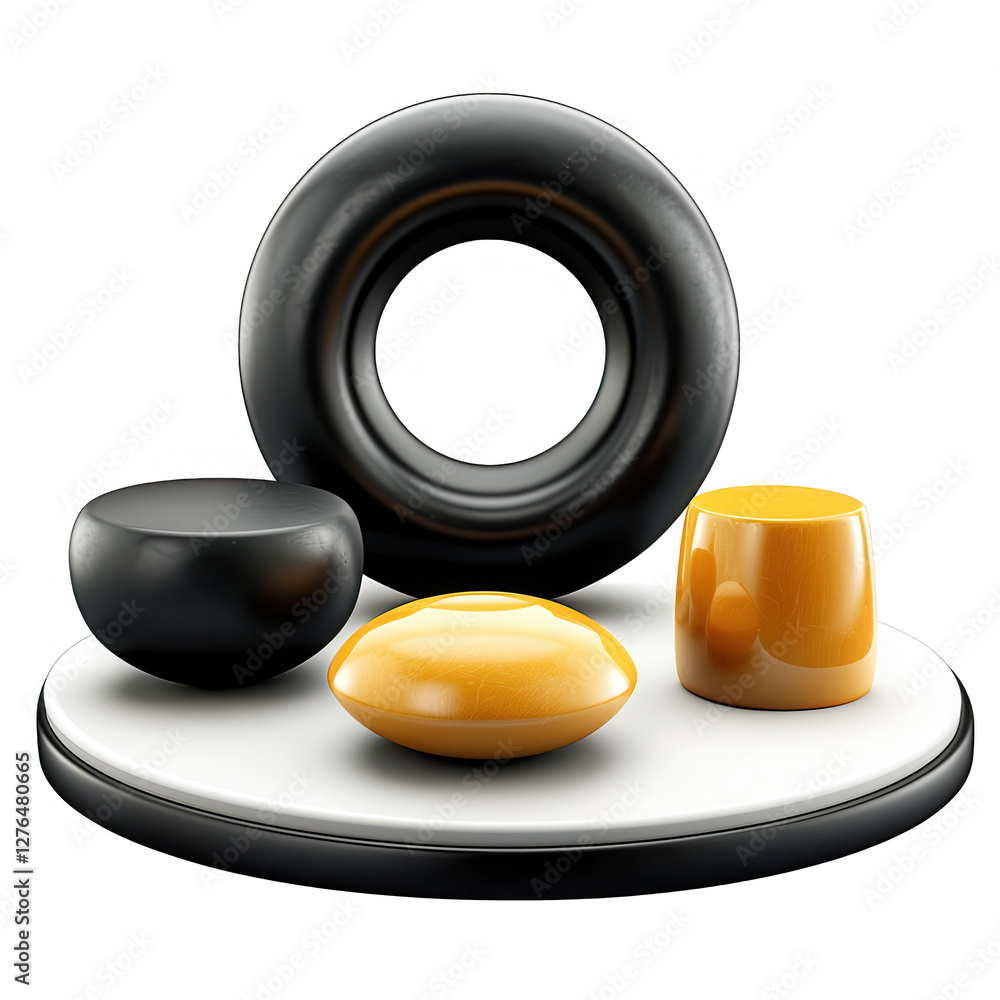 Poster a 3d model displaying black and yellow abstract shapes arranged on a round platform with a white bas