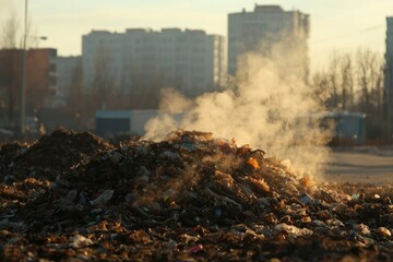 Smoldering garbage pile in urban area with buildings in background