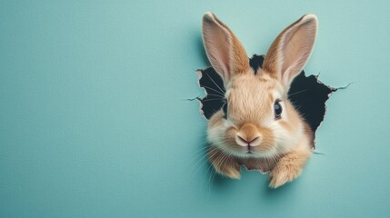 Obraz premium Curious Easter Bunny Breaking Through The Light Blue Wall. Spring Is Here!