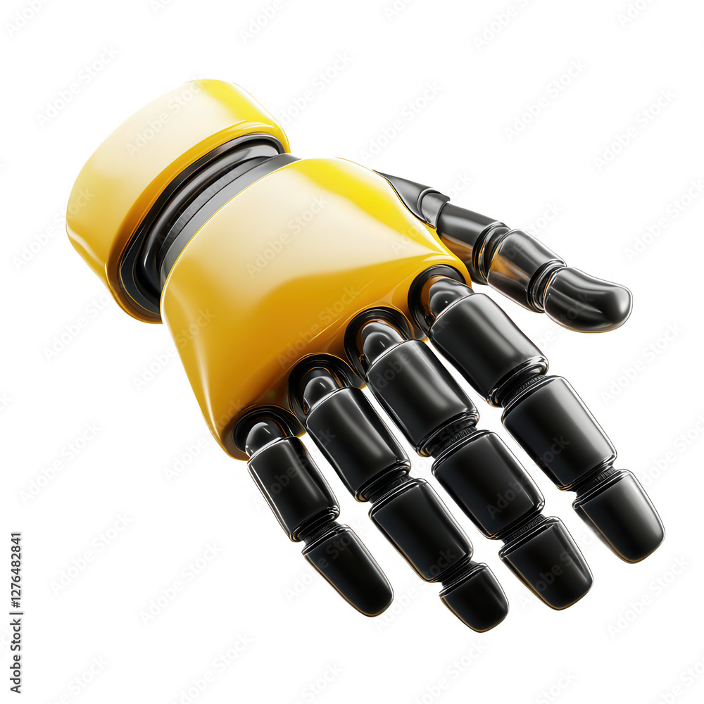 Poster a close-up view of a robotic hand designed in yellow and black colors. it showcases intricate mechan