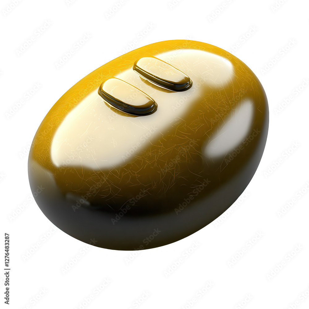 Poster a glossy yellow oval-shaped object resembling a pebble, featuring two buttons on its surface, set ag
