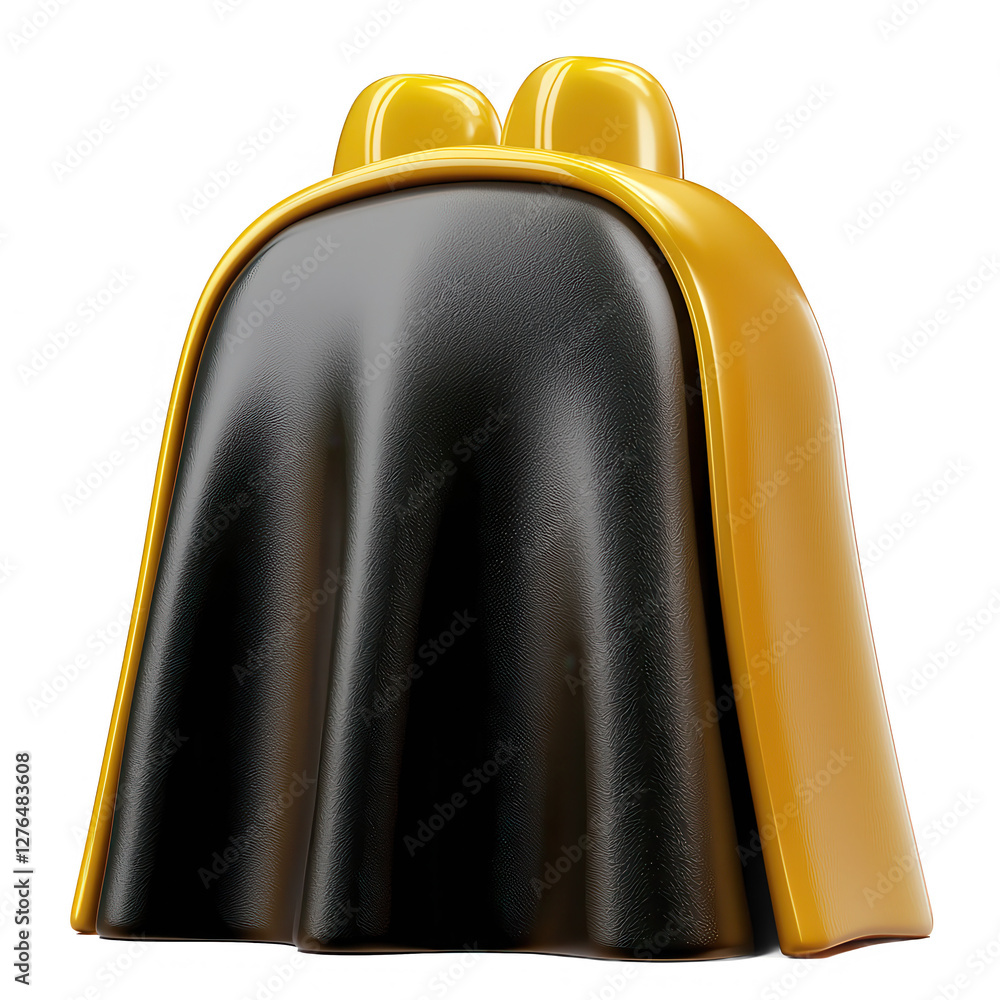 Poster a 3d render of a stylish cape featuring a black and yellow color scheme. ideal for use as an icon or