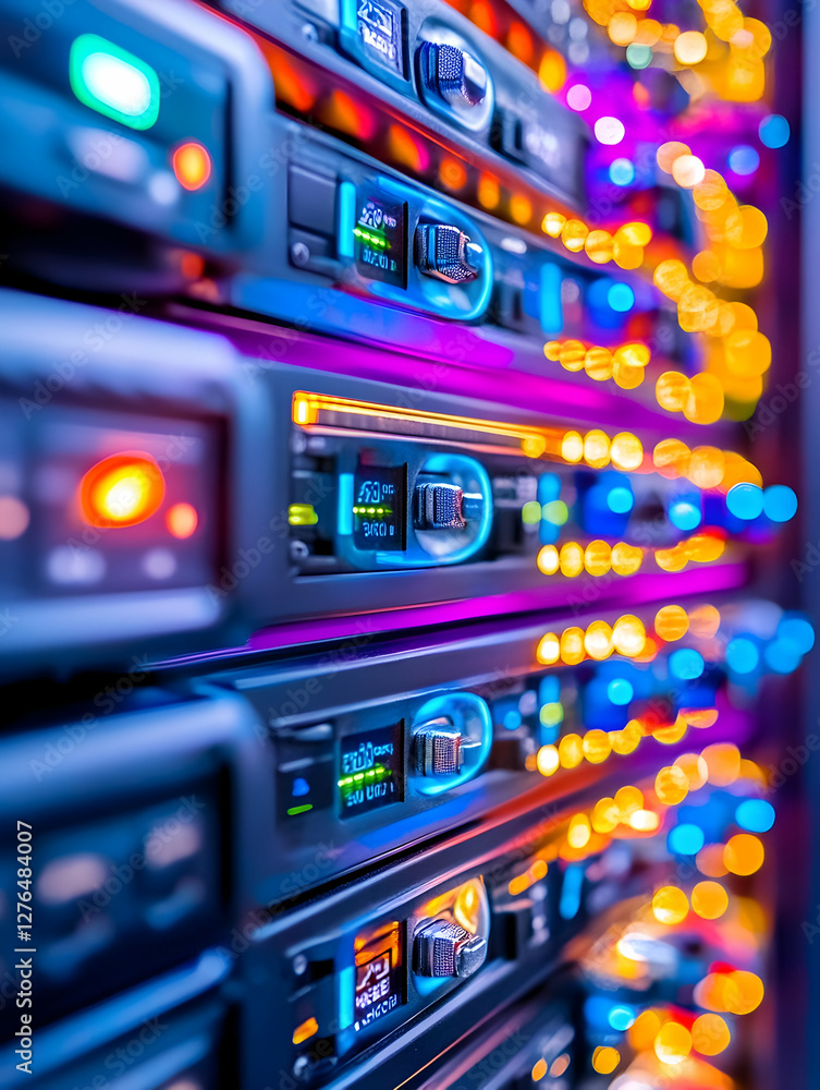 Poster server rack lights data center network technology