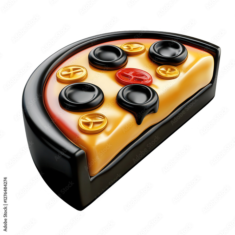 Poster a vibrant 3d model of a pizza slice featuring game pieces instead of toppings, designed in a playful