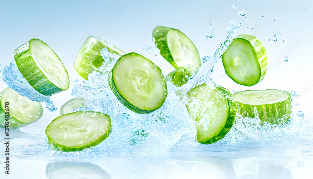 Poster sliced cucumbers splashing in water, refreshing drink concept