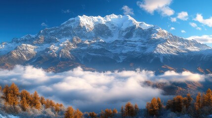 Snowy peak autumnal valley sunrise cloudscape