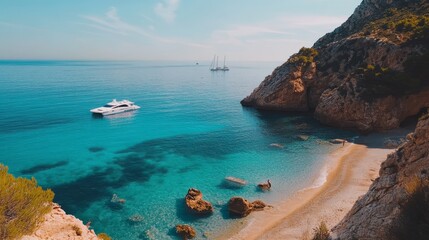 Obraz premium Coastal Paradise Featuring Turquoise Waters, Sandy Beach And Boats. Escape To Idyllic Scenery And Soak Up The Serenity.