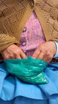 vertical hands of adult aymara woman in pollera consuming coca leaf in the backyard of her house - concept of traditions