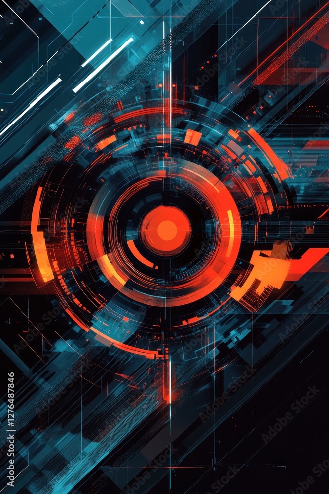 Poster abstract futuristic design featuring a vibrant circular pattern with dynamic lines and glowing eleme