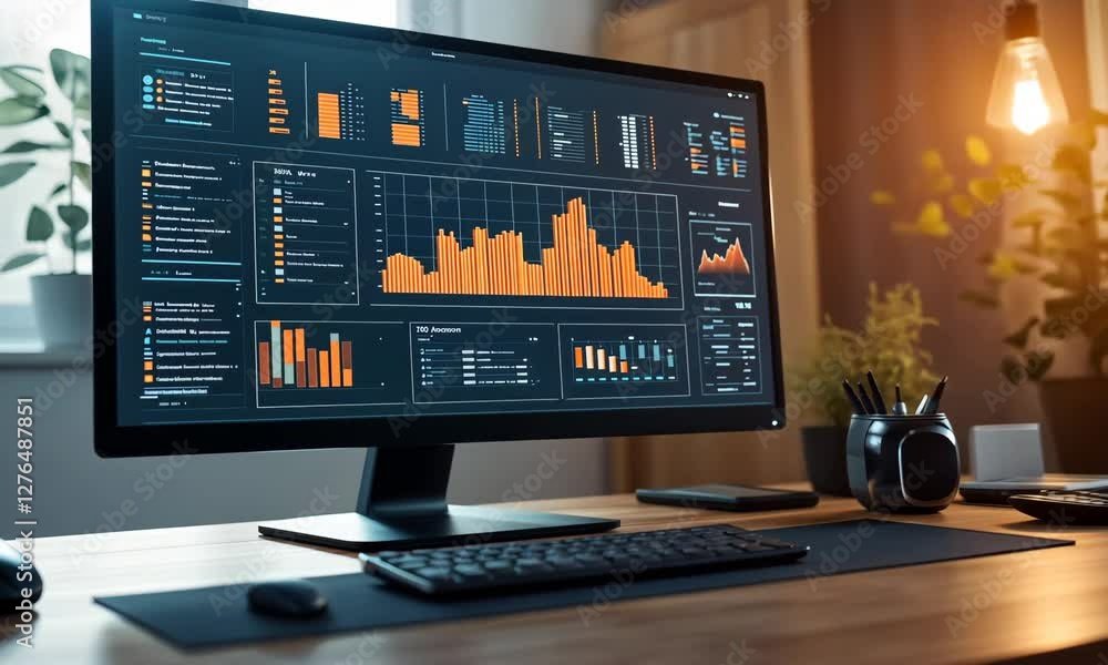 Poster data-driven desktop: a close-up shot showcasing a modern computer setup, with a monitor displaying c