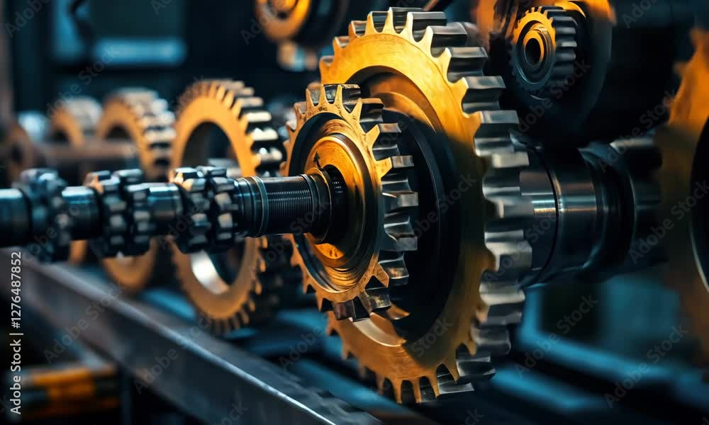 Poster mechanical marvel: a close-up view showcasing an intricate network of gleaming gears and mechanical 