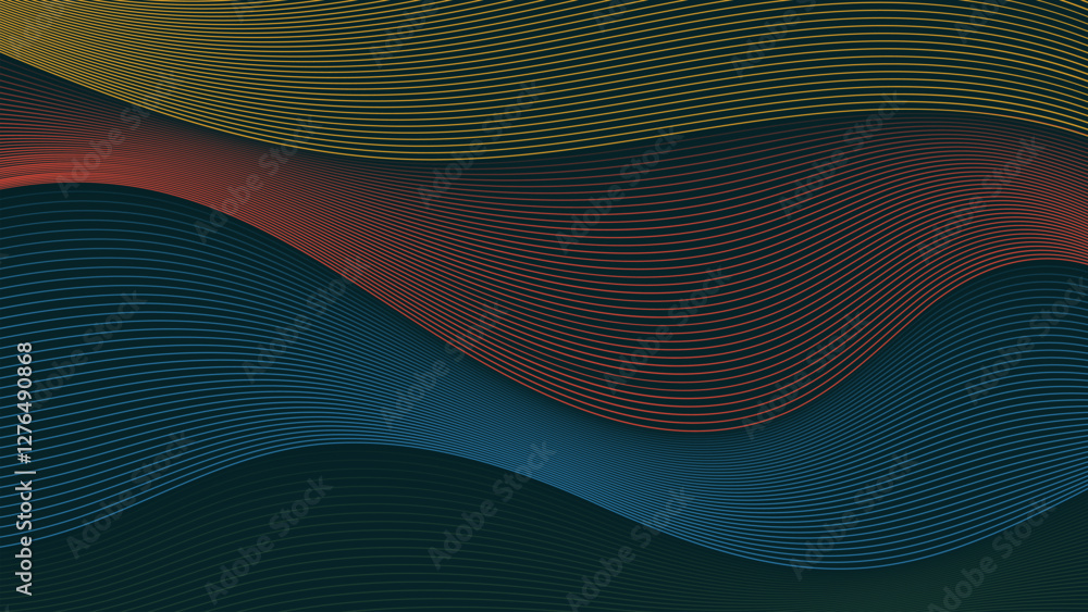 Poster abstract wave patterns in vibrant colors creating a dynamic visual flow against a dark background