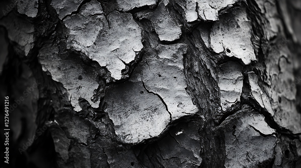 Poster close-up tree bark texture with detailed patterns in black and white