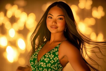 Fototapeta premium St. Patrick's Portrait of a Pacific Islander woman twirling with a playful expression, wearing a short, intimate green dress. Her movement creates a dynamic pose, with the backdrop glowing